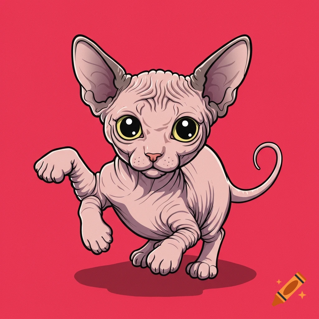 A cartoon Sphynx kitten with big yellow eyes raises a paw against a red background.