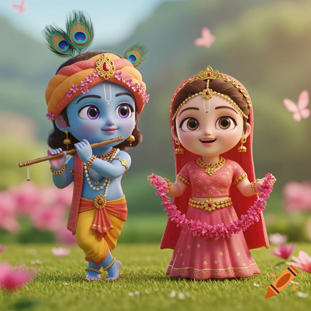 Animated Radha and Krishna in a garden, Krishna playing a flute, Radha holding a flower garland. Whimsical cartoon style.