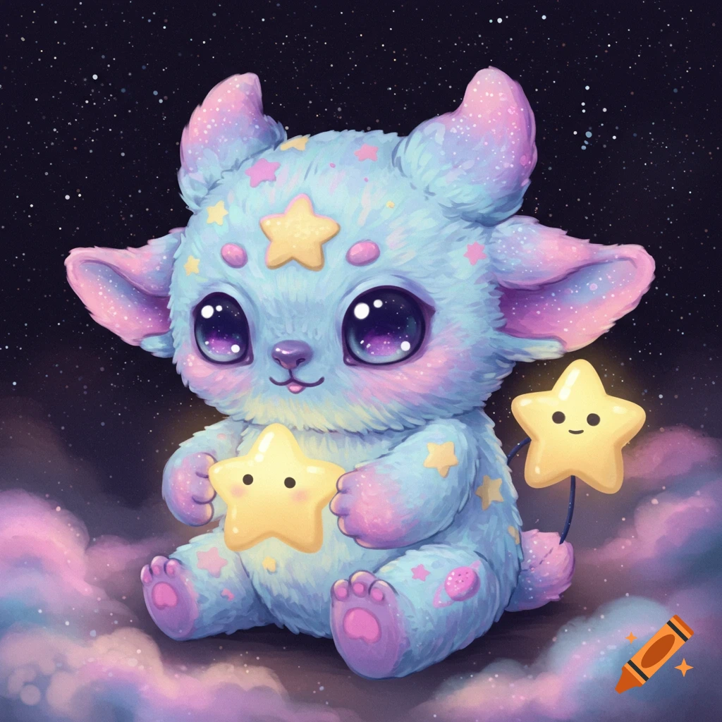 A cute plushy space creature sits on clouds holding star-shaped friends, surrounded by stars.