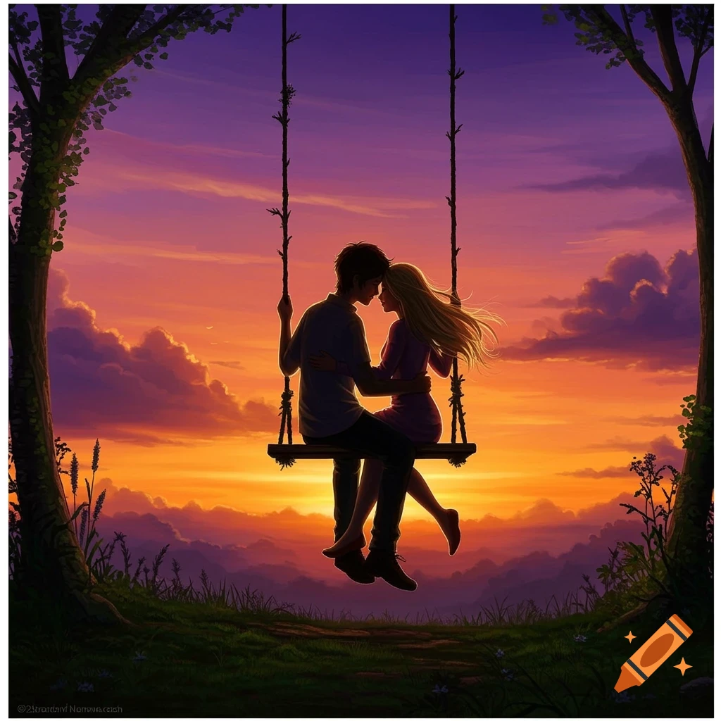 A couple embracing on a swing against a dramatic sunset