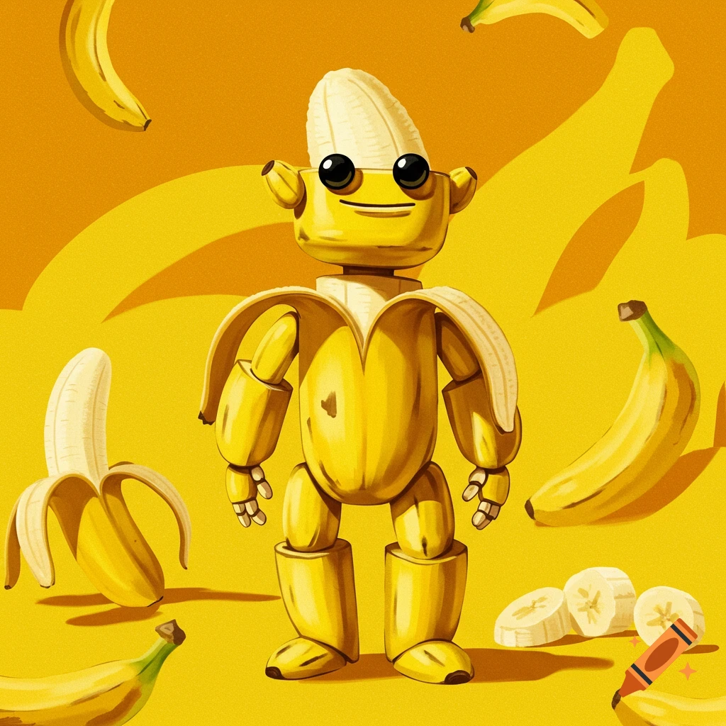A banana-themed android surrounded by bananas.