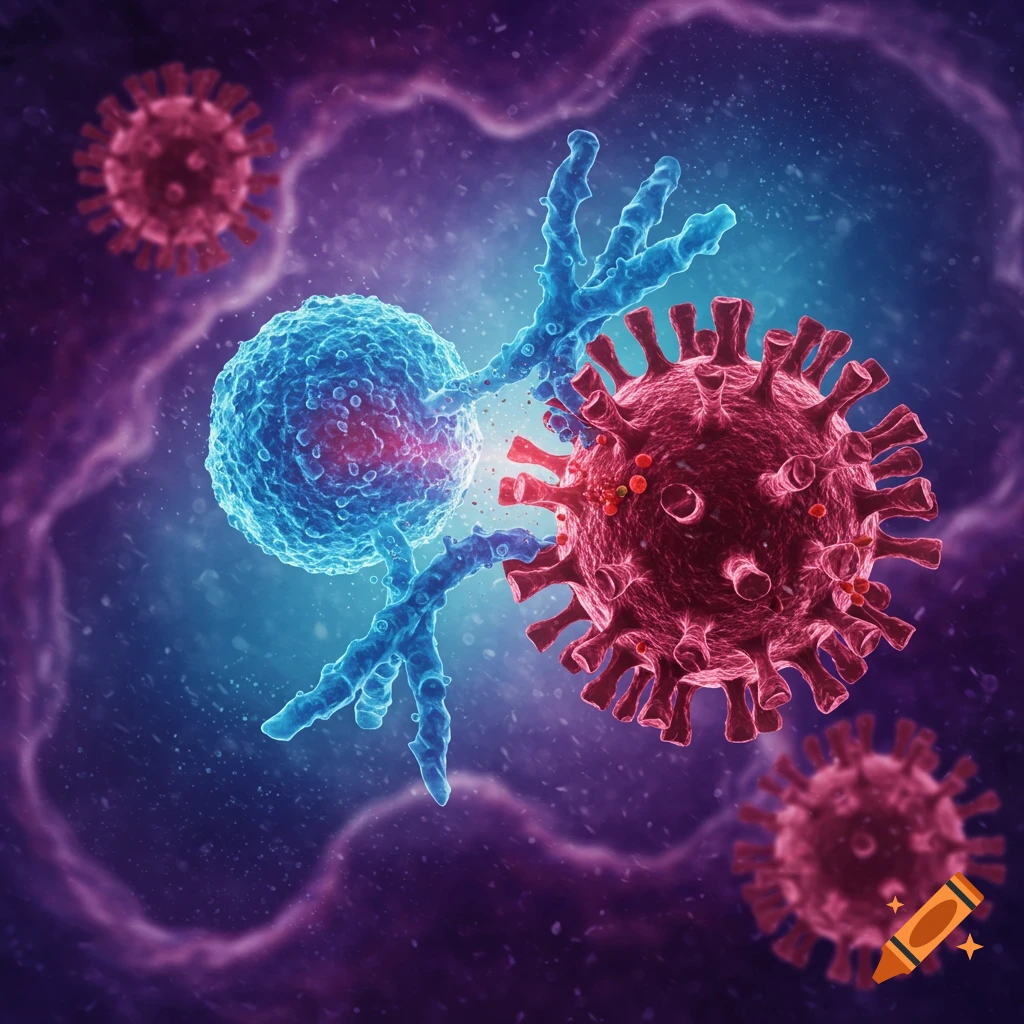 An immune cell attacking a virus at a microscopic level.