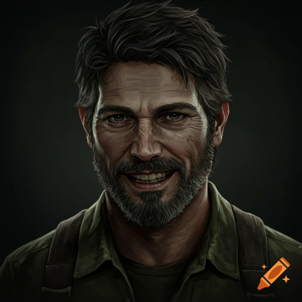 Portrait of a man resembling Joel Miller from The Last of Us, wearing a green shirt and suspenders, with a creepy smile.