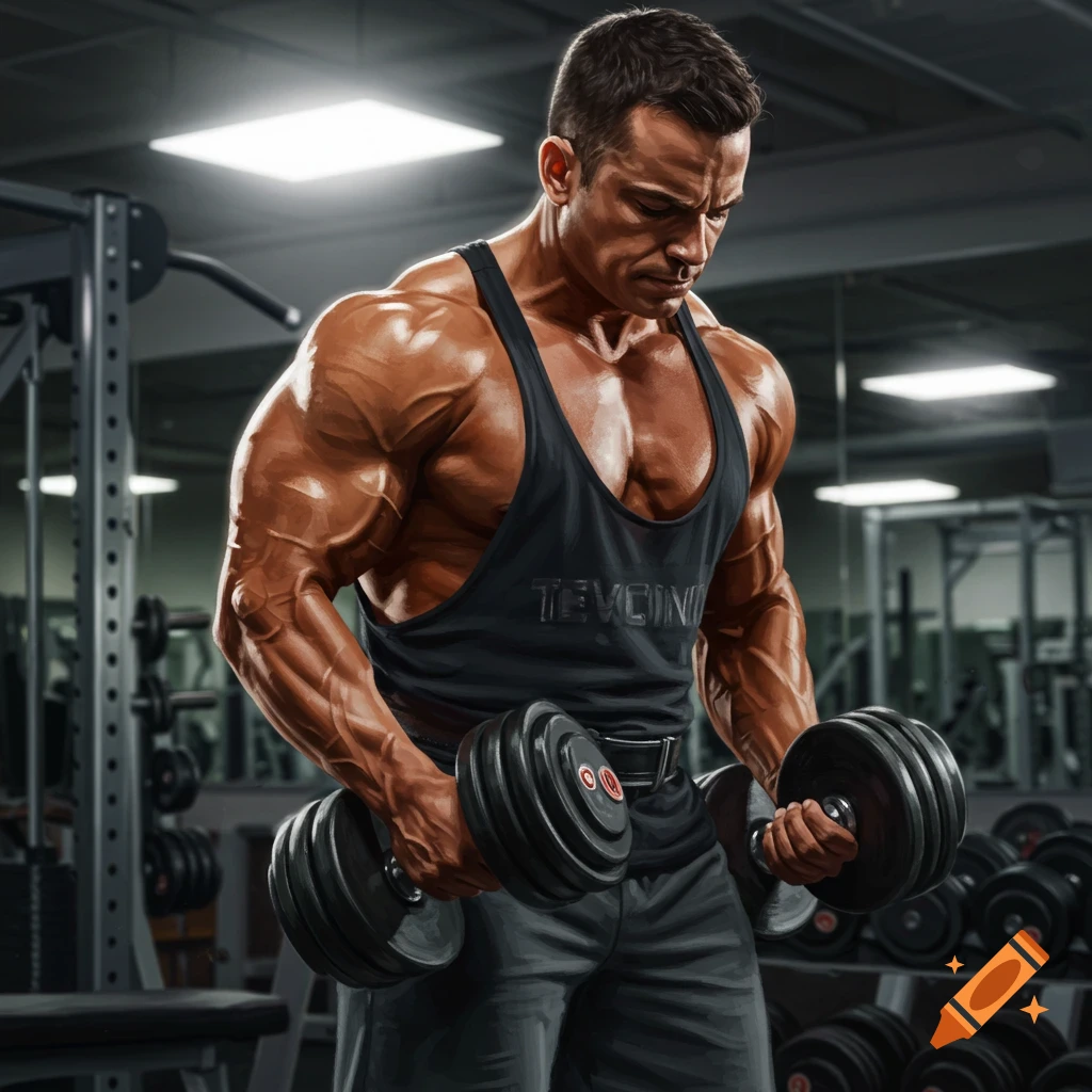 A muscular bodybuilder lifts dumbbells in a gym.