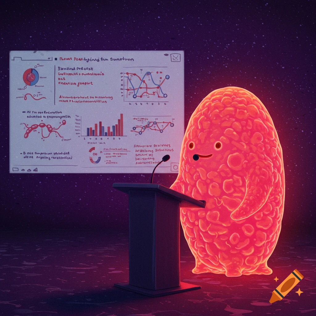 A glowing pink flesh oval creature gives a presentation on a screen in a dark, starry room.