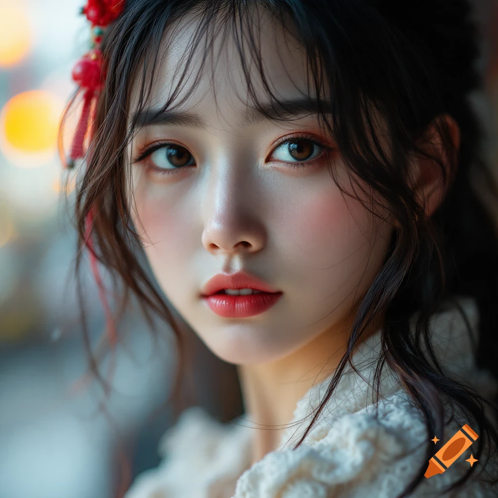 A close-up photorealistic portrait of a young Asian woman with dark hair and a red floral headdress.