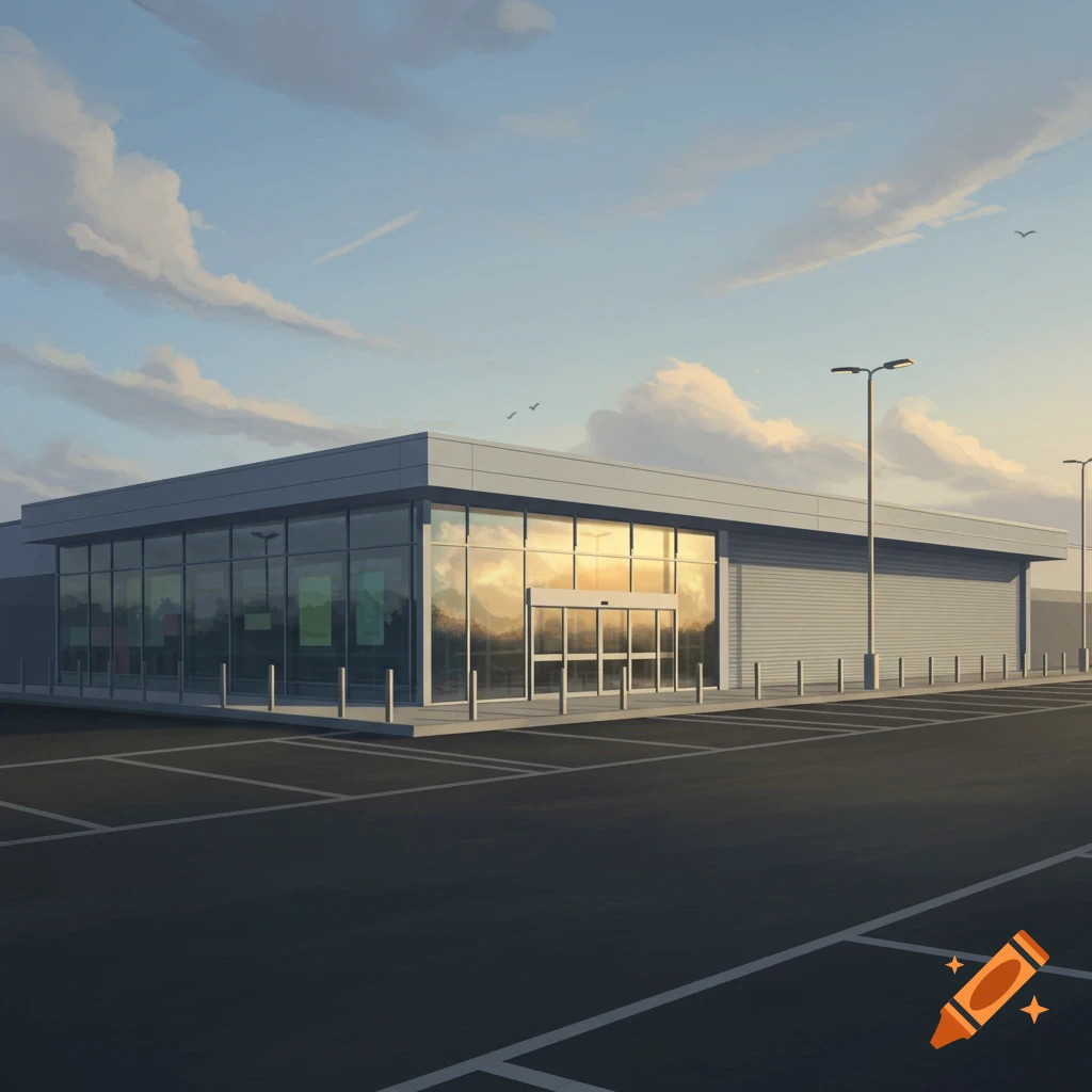 The outside of an empty supermarket at sunset.