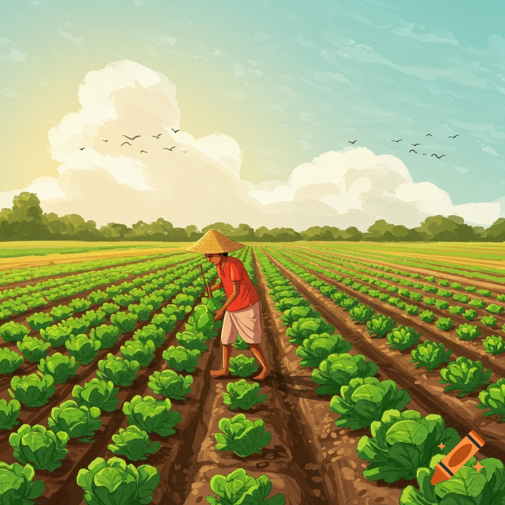 A farmer in a conical hat works in a field of green plants under a sunny sky.