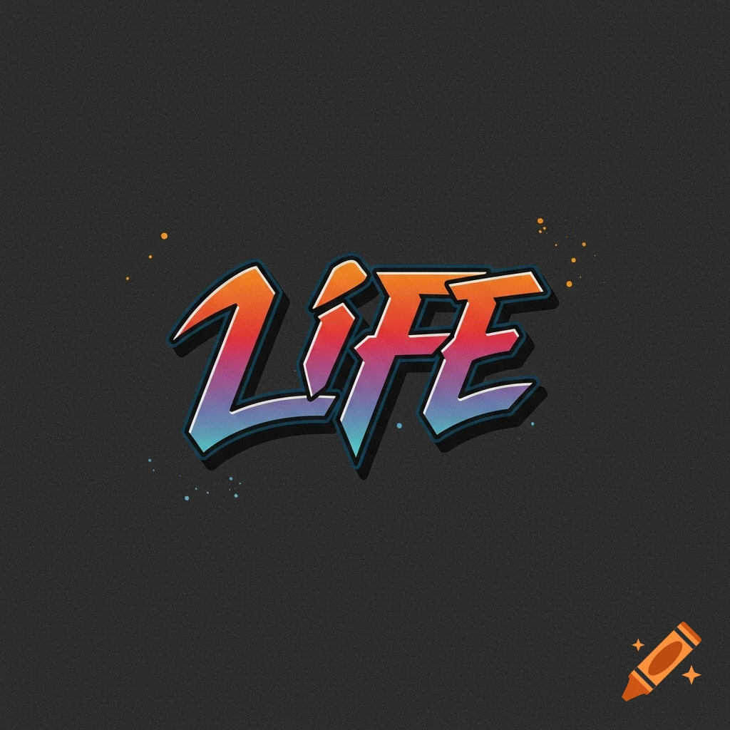 Stylized text reading 'LIFE' with orange-to-blue gradient and shadow on a dark background.