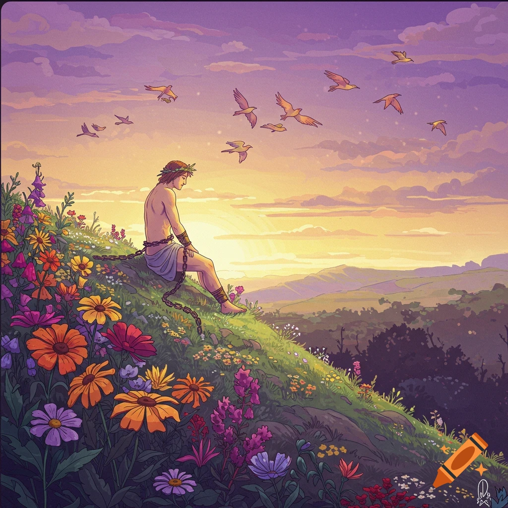A chained man (Prometheus) sits on a flower-covered hill at sunset, with birds flying overhead.