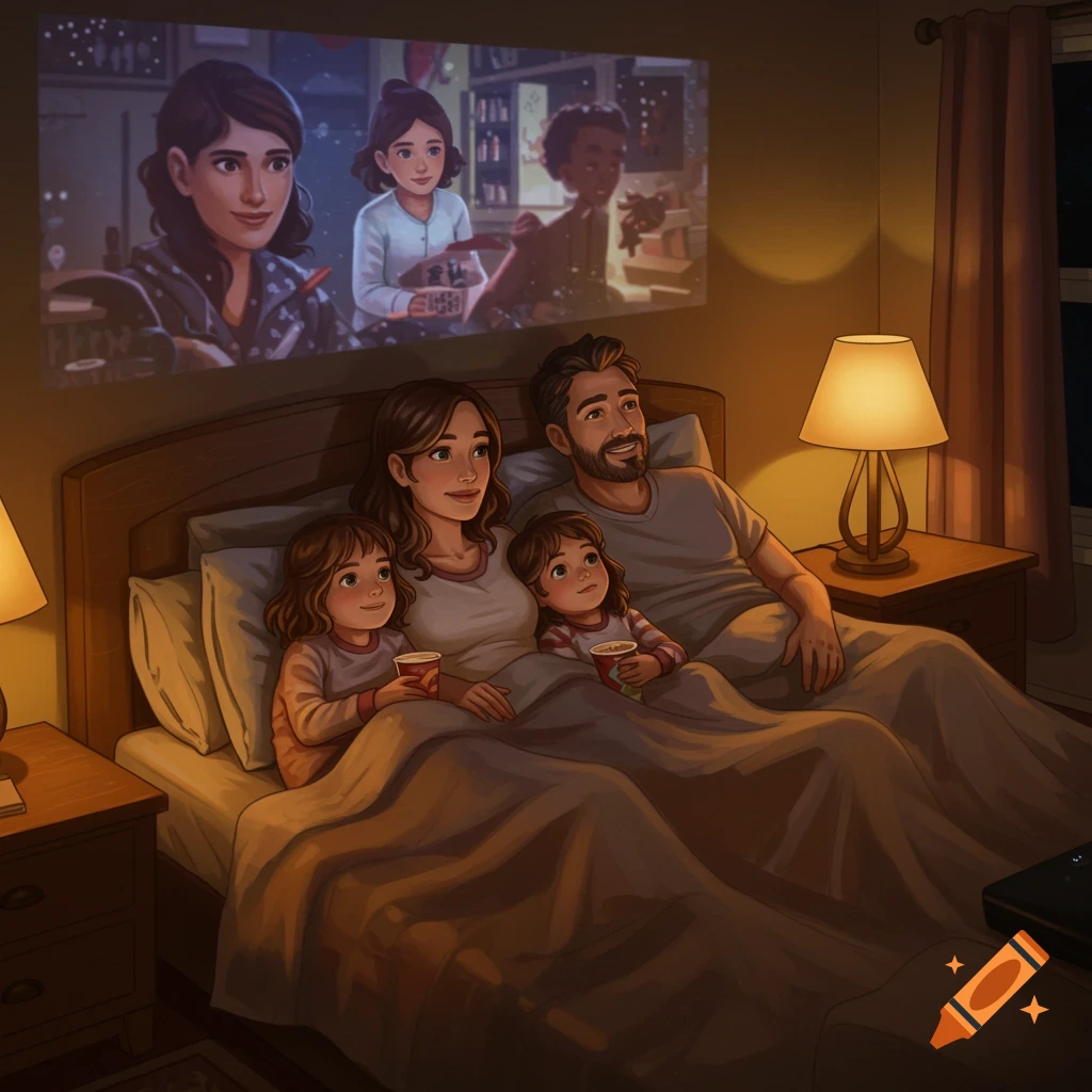 Illustration of a family watching a movie projected on the wall while snuggled in bed.