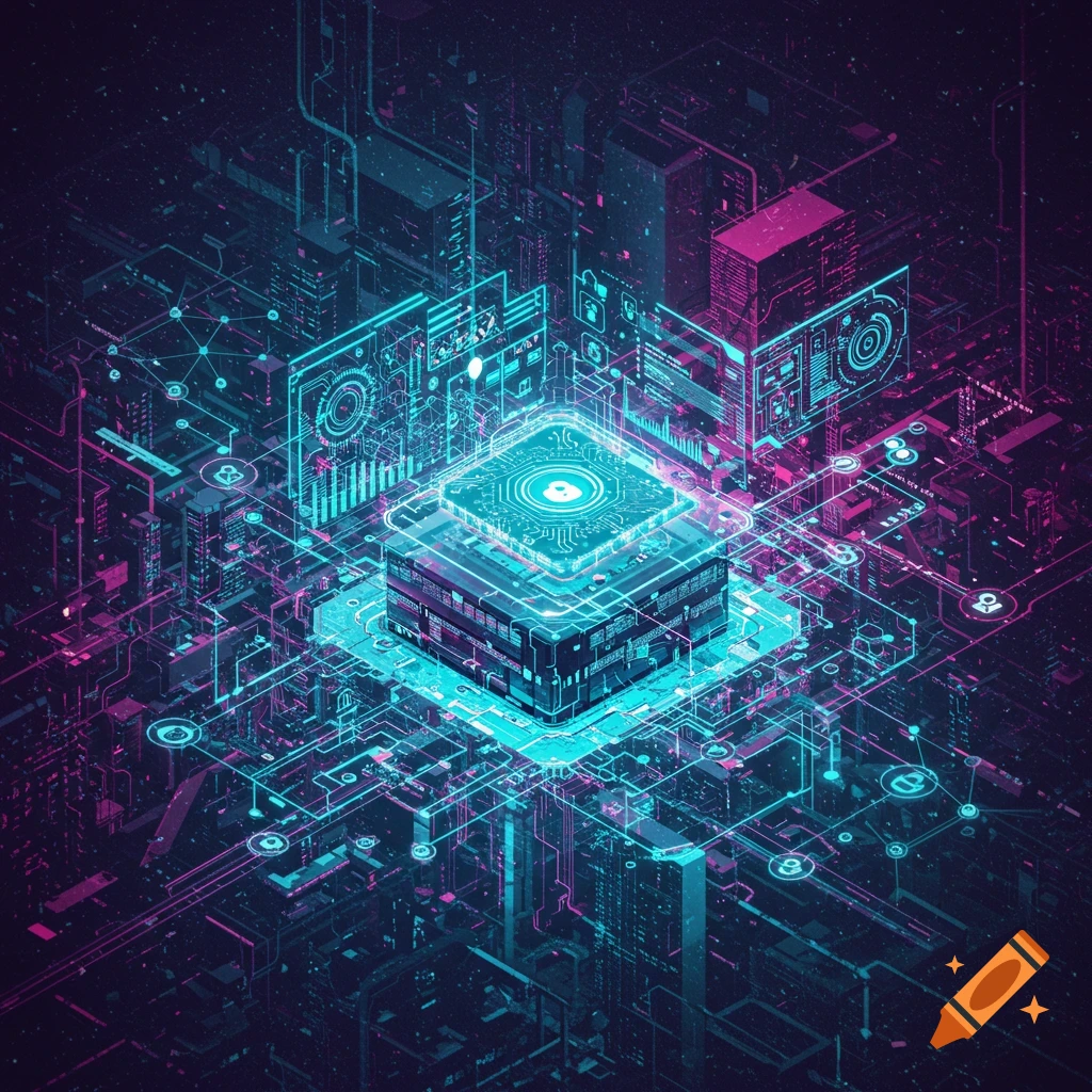 Futuristic digital art of a central processor unit connected by circuits and data nodes in a neon-lit city.