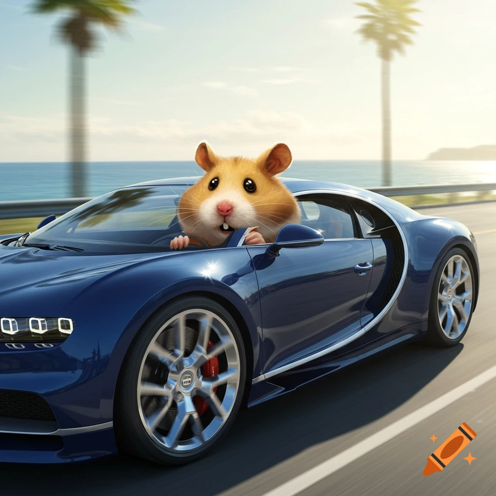 Cartoon hamster driving a blue Bugatti sports car along a coastal road