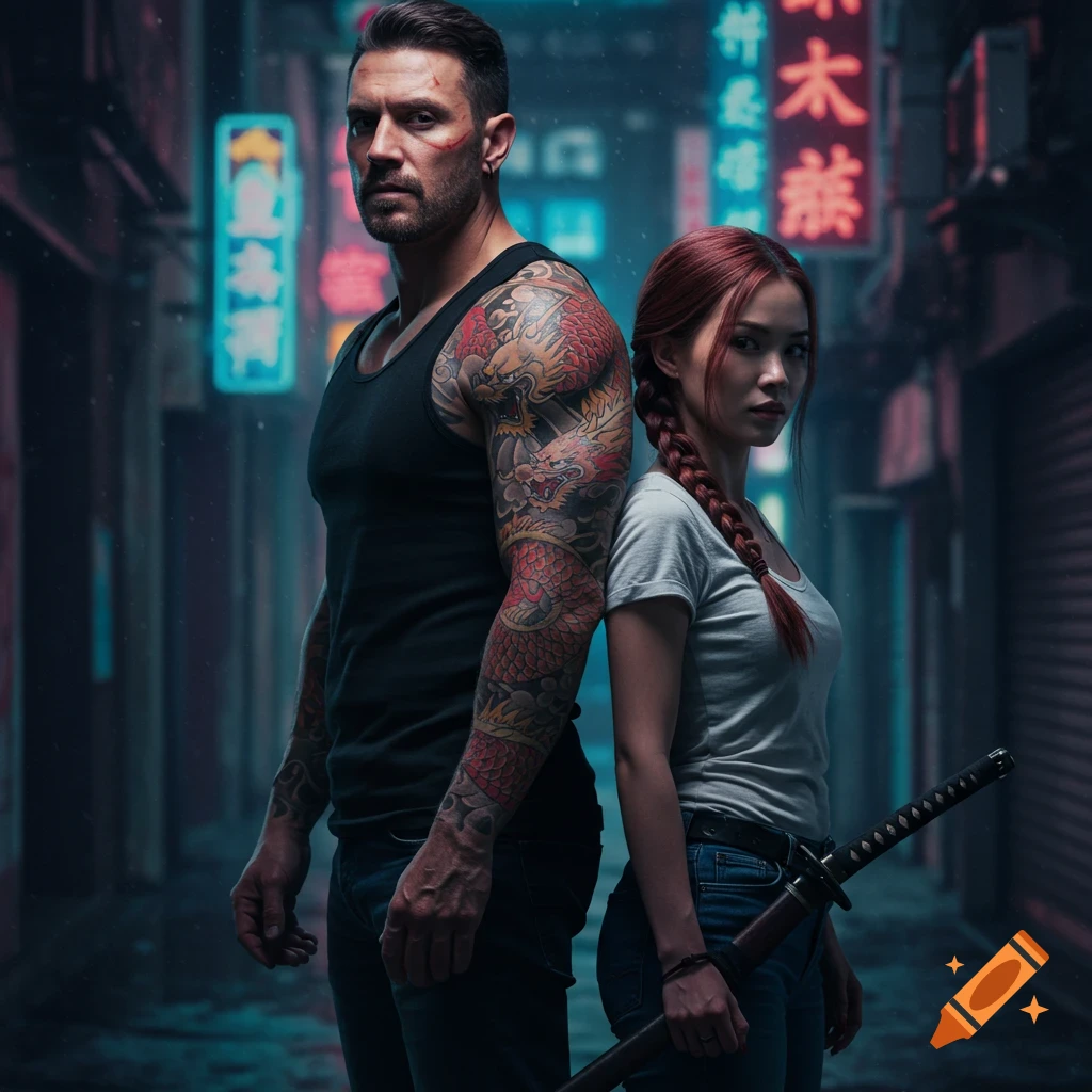Man and woman with tattoos and katana standing back to back in a neon-lit urban alleyway.