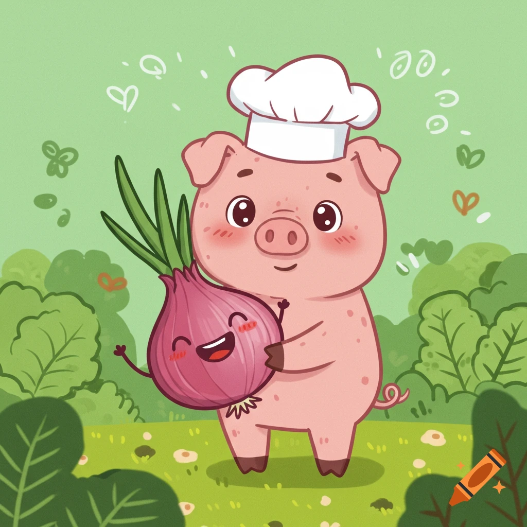 Cartoon pig in a chef hat holding an animated onion in a garden.