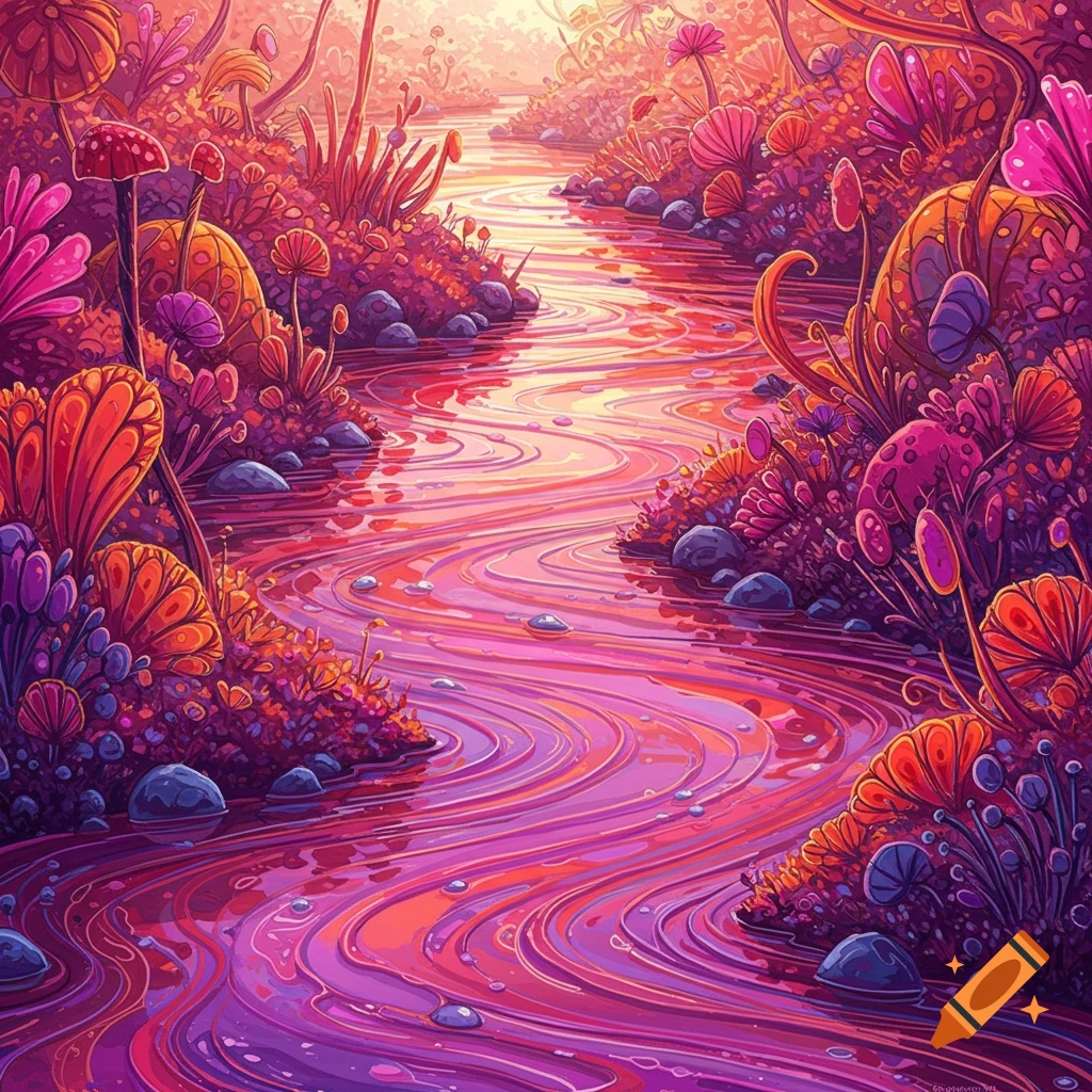A vibrant, swirling pink and purple river flows through a psychedelic fantasy forest with orange and pink plants.