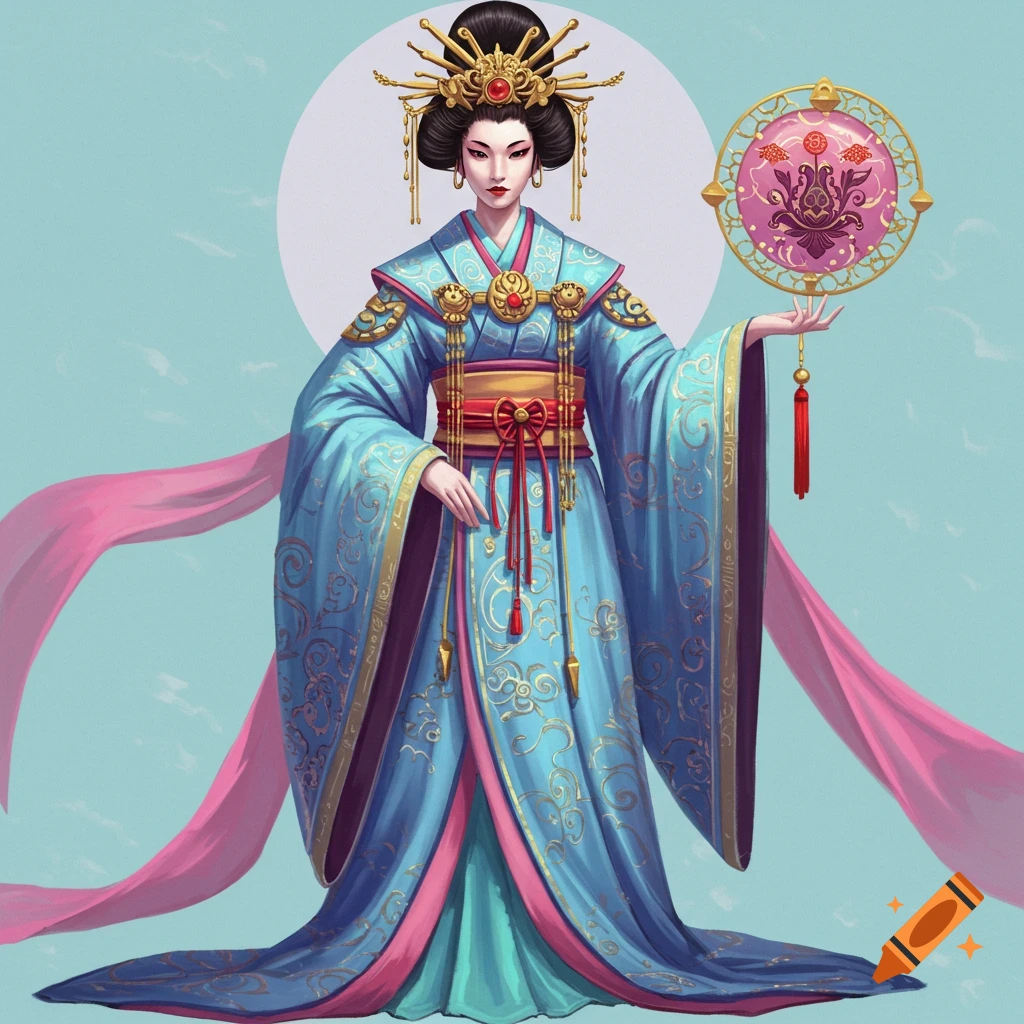 A goddess or empress in elaborate blue and pink traditional attire holding a decorative fan