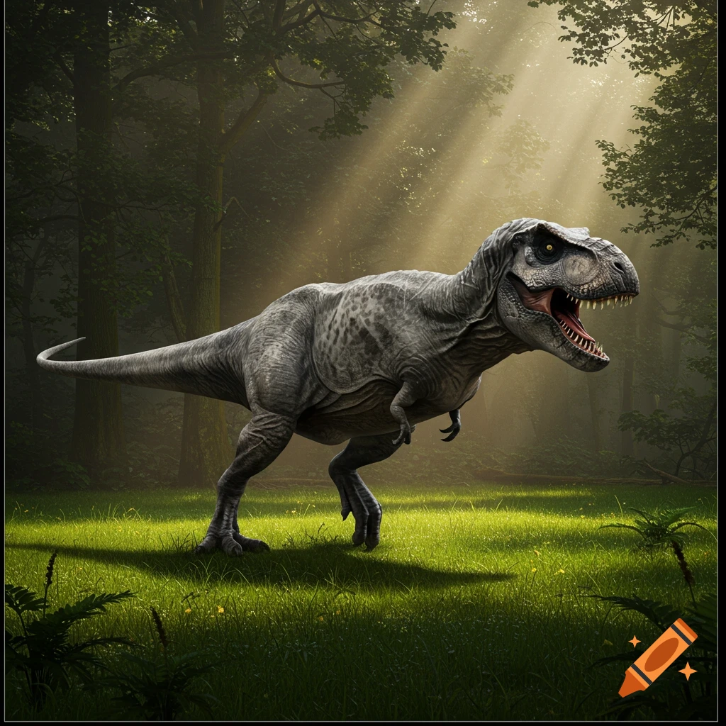 A large grey Tyrannosaurus Rex walks through a sunny forest clearing.