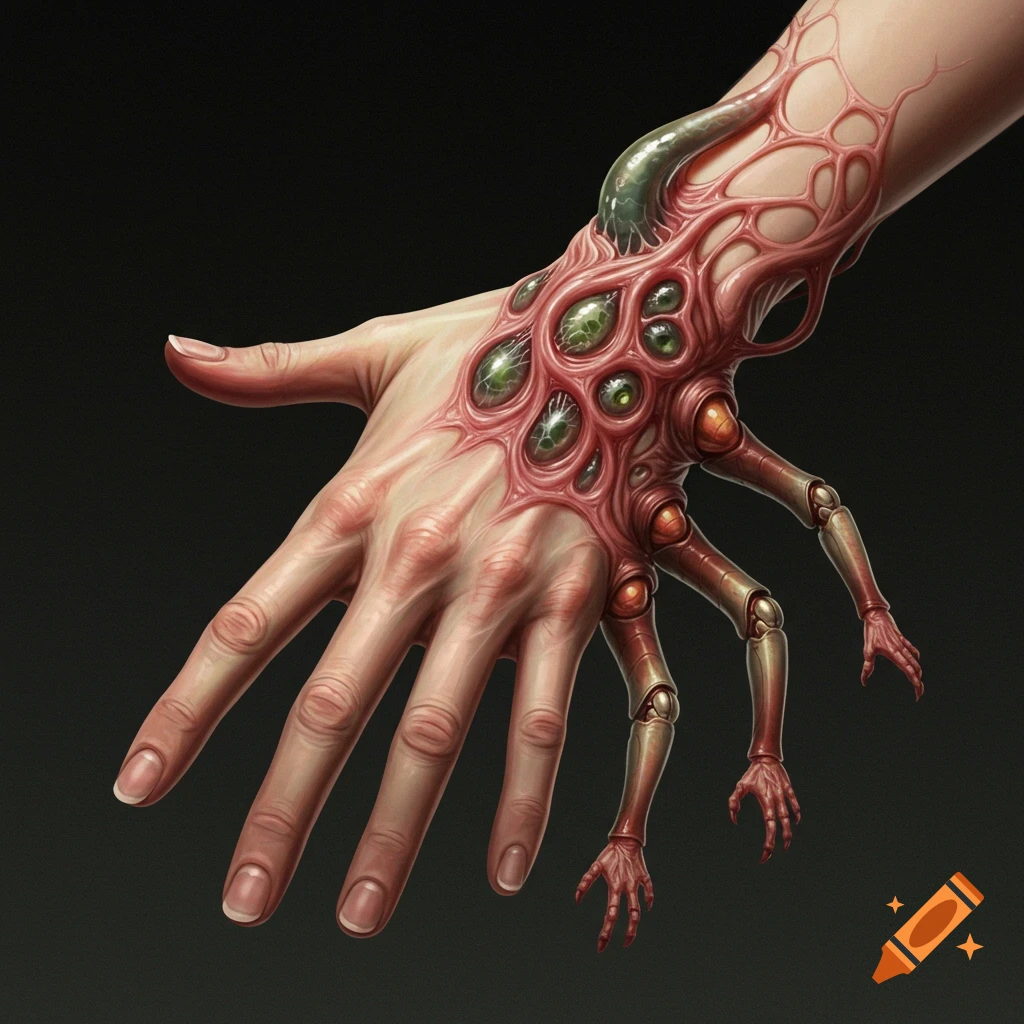 A hand transformed into a grotesque bio-mechanical hybrid with multiple extra limbs and embedded eyes.