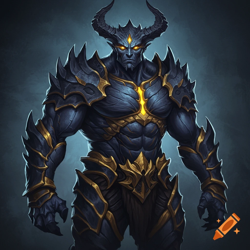 A powerful dark blue demon with horns, golden armor, and glowing yellow eyes.