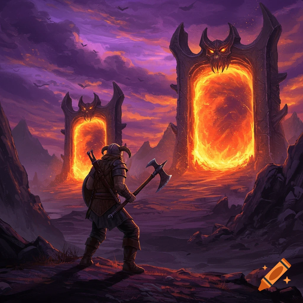 A warrior with an axe and shield stands before two glowing orange portals in a dark, rocky landscape under a purple sky at sunset.