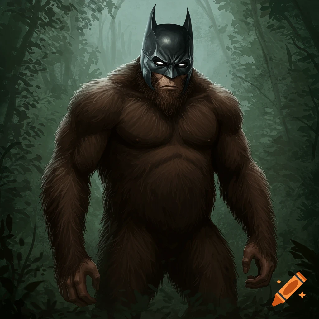 Muscular Sasquatch wearing a Batman mask standing in a dark forest.