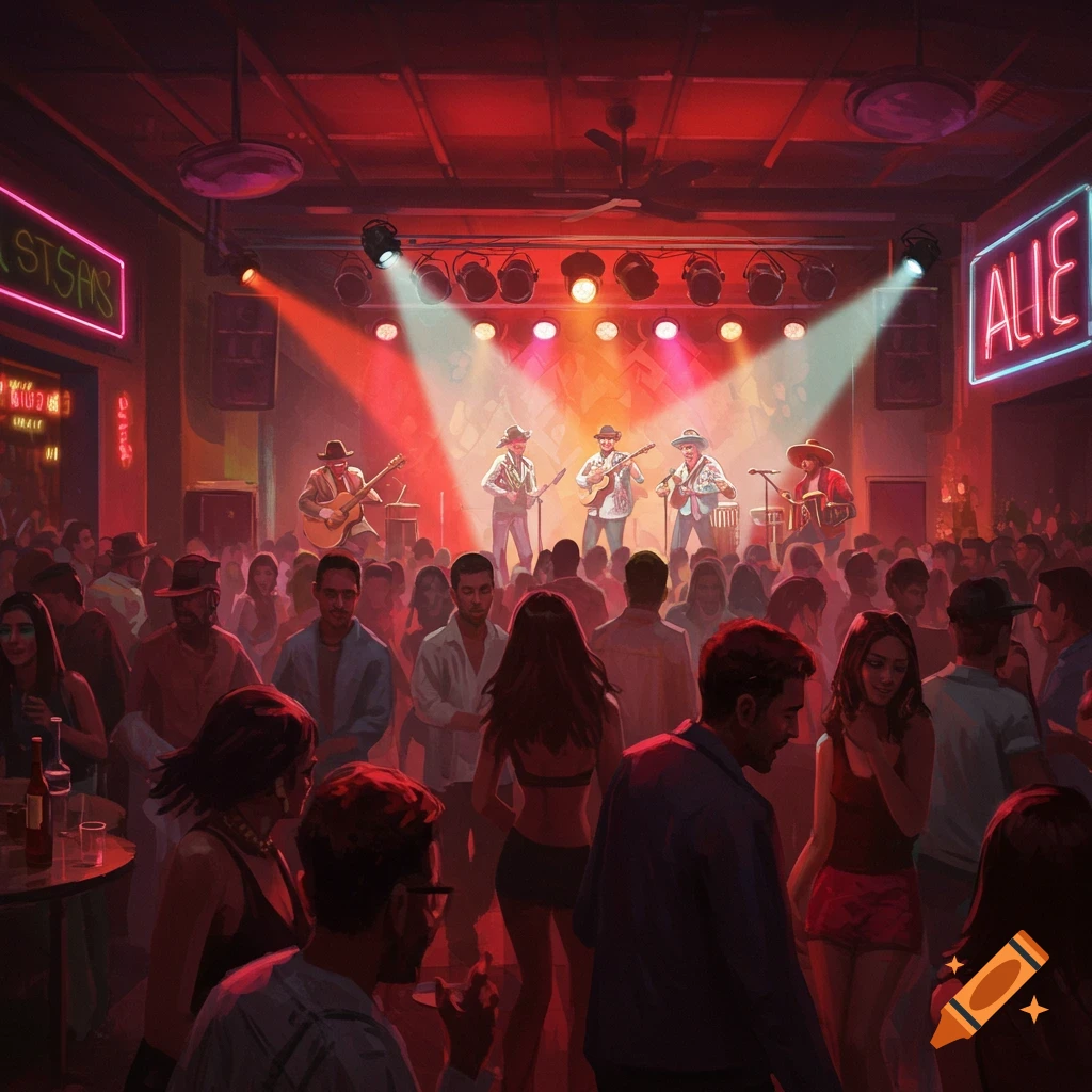 A crowded nightclub with a band playing on stage.