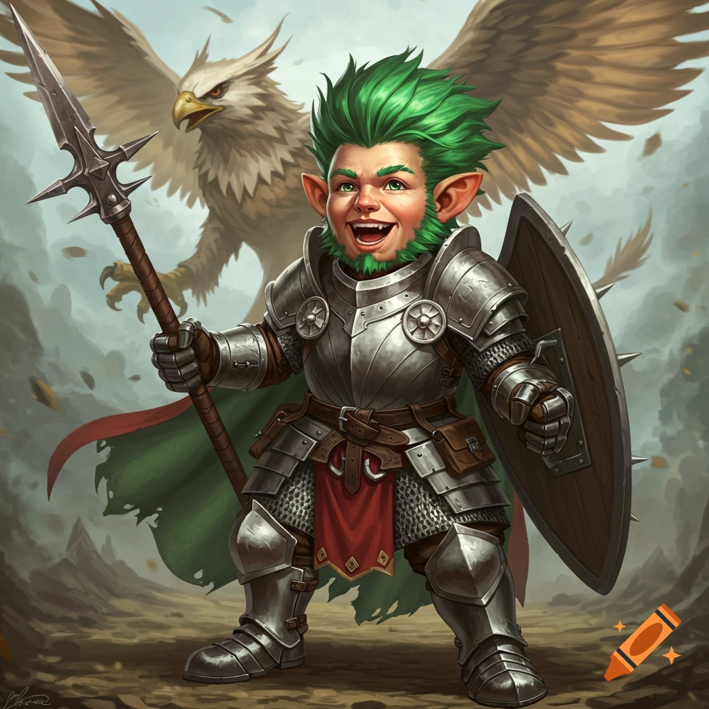 A fantasy illustration of a smiling green-haired paladin in plate armor holding a spear and shield, with a griffon in the background.