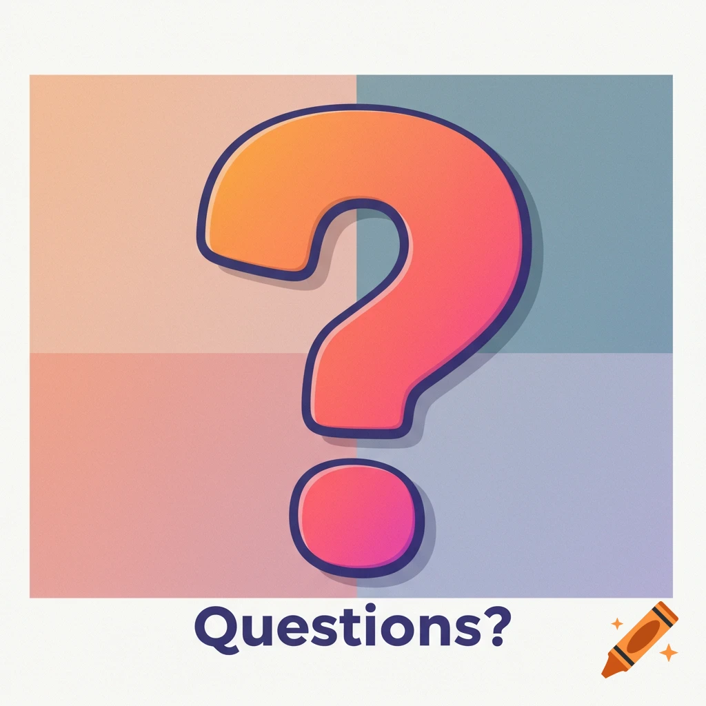 Stylized question mark graphic with 'Questions?' text.
