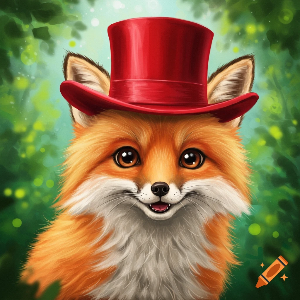 A cute close-up of a fox wearing a red top hat in a forest setting.