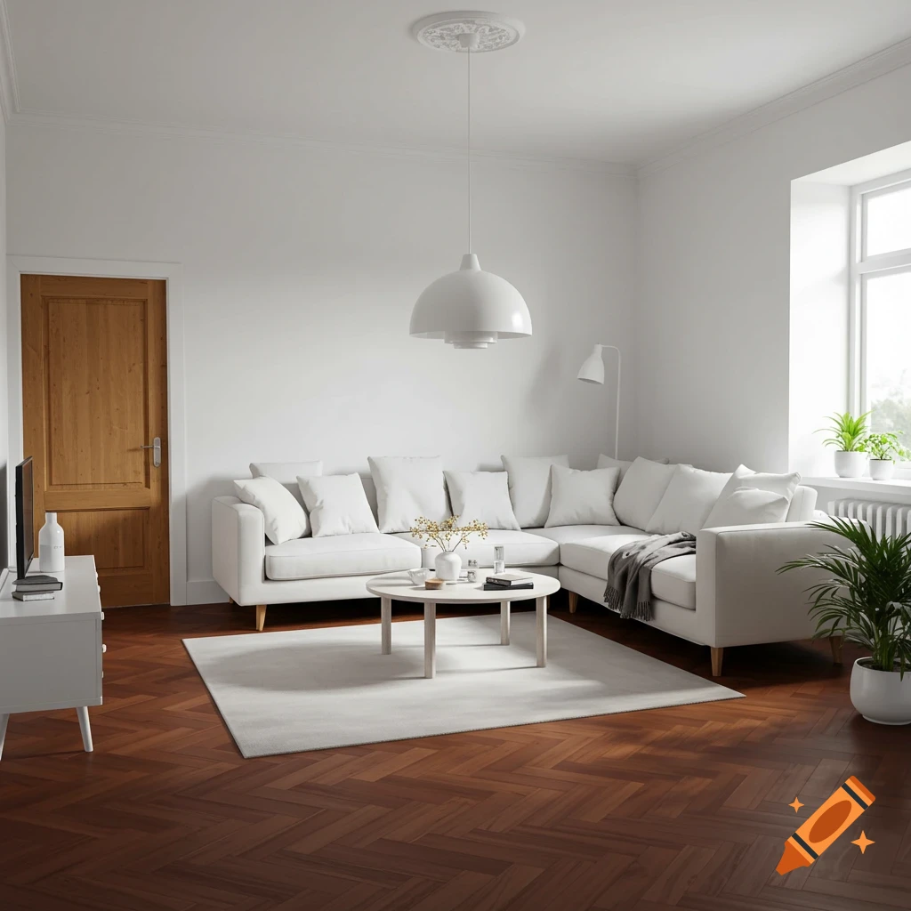 Minimalist modern living room with white sectional sofa and herringbone wood floor.