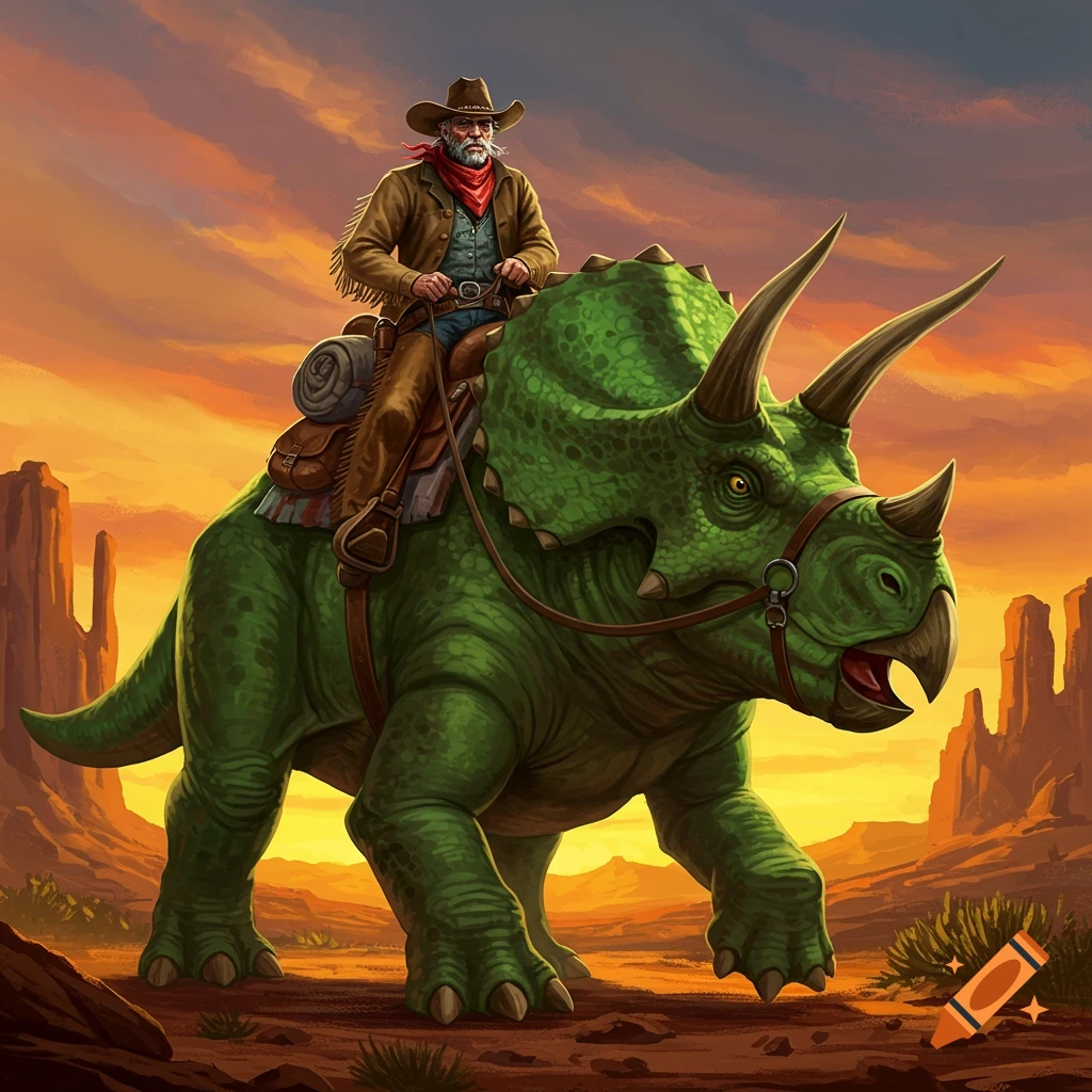 A cowboy riding a triceratops through a desert landscape at sunset.