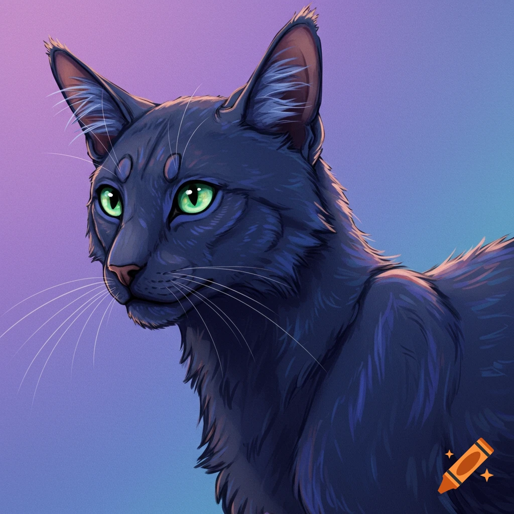 Portrait of a black cat with green eyes and a purple and blue gradient background.
