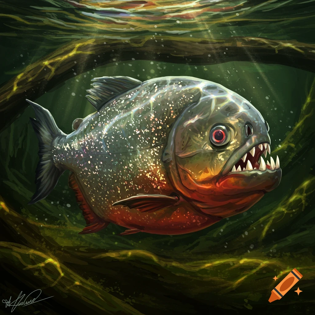 A piranha swims underwater among submerged branches with sunlight streaming down.