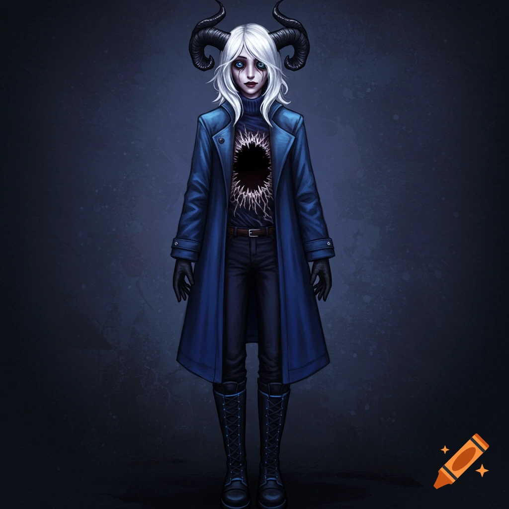 Figure with horns, white hair, blue coat, and a hole in their chest.
