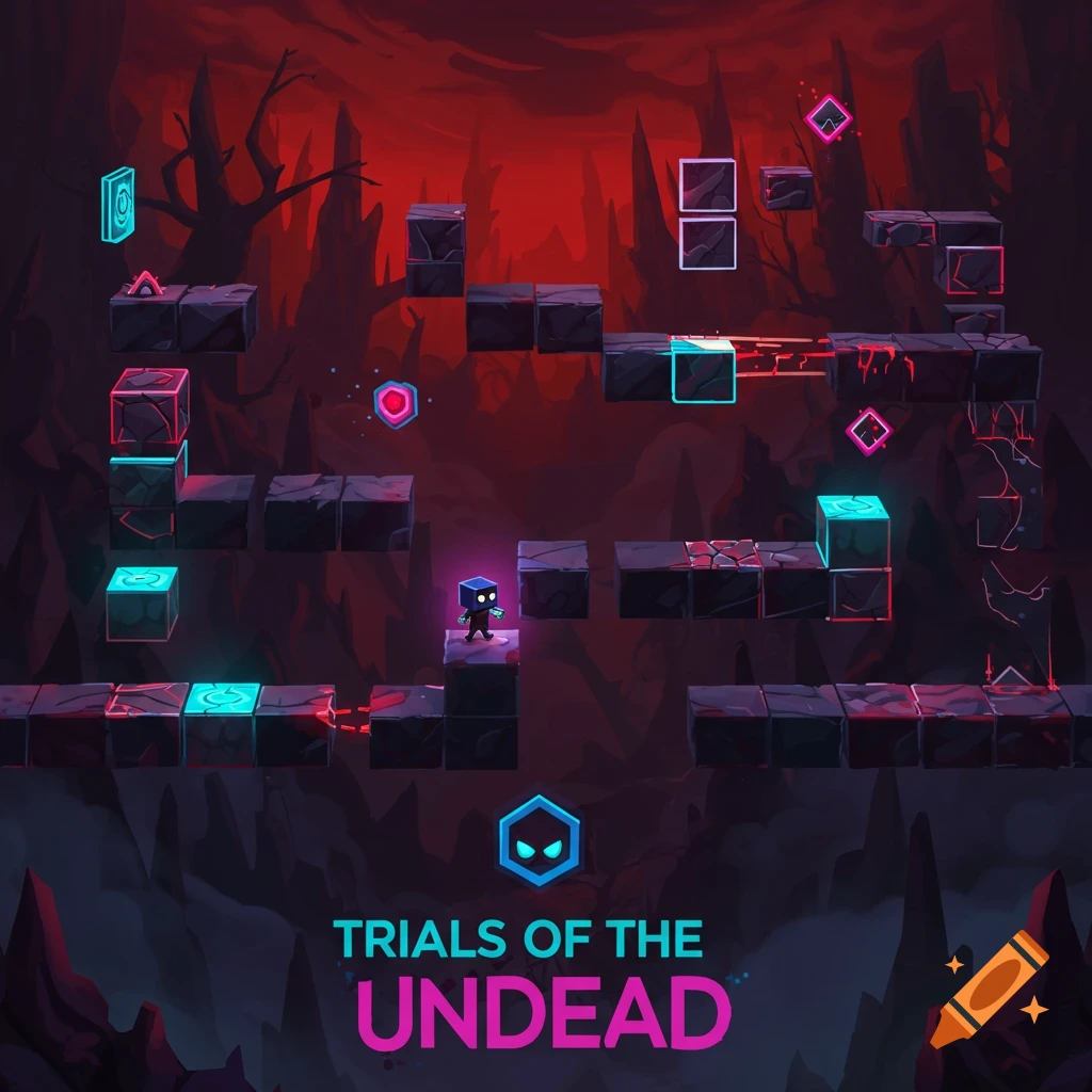 Stylized 2D platformer game level art featuring a blocky character, glowing platforms, and text at the bottom.