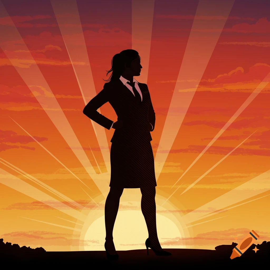 Silhouette of confident business woman against dramatic sunset digital illustration