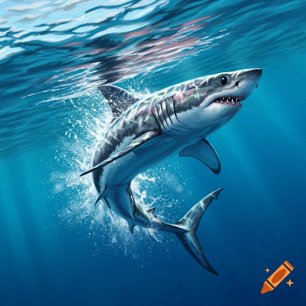 A mako shark splashing at the water's surface, viewed from below.