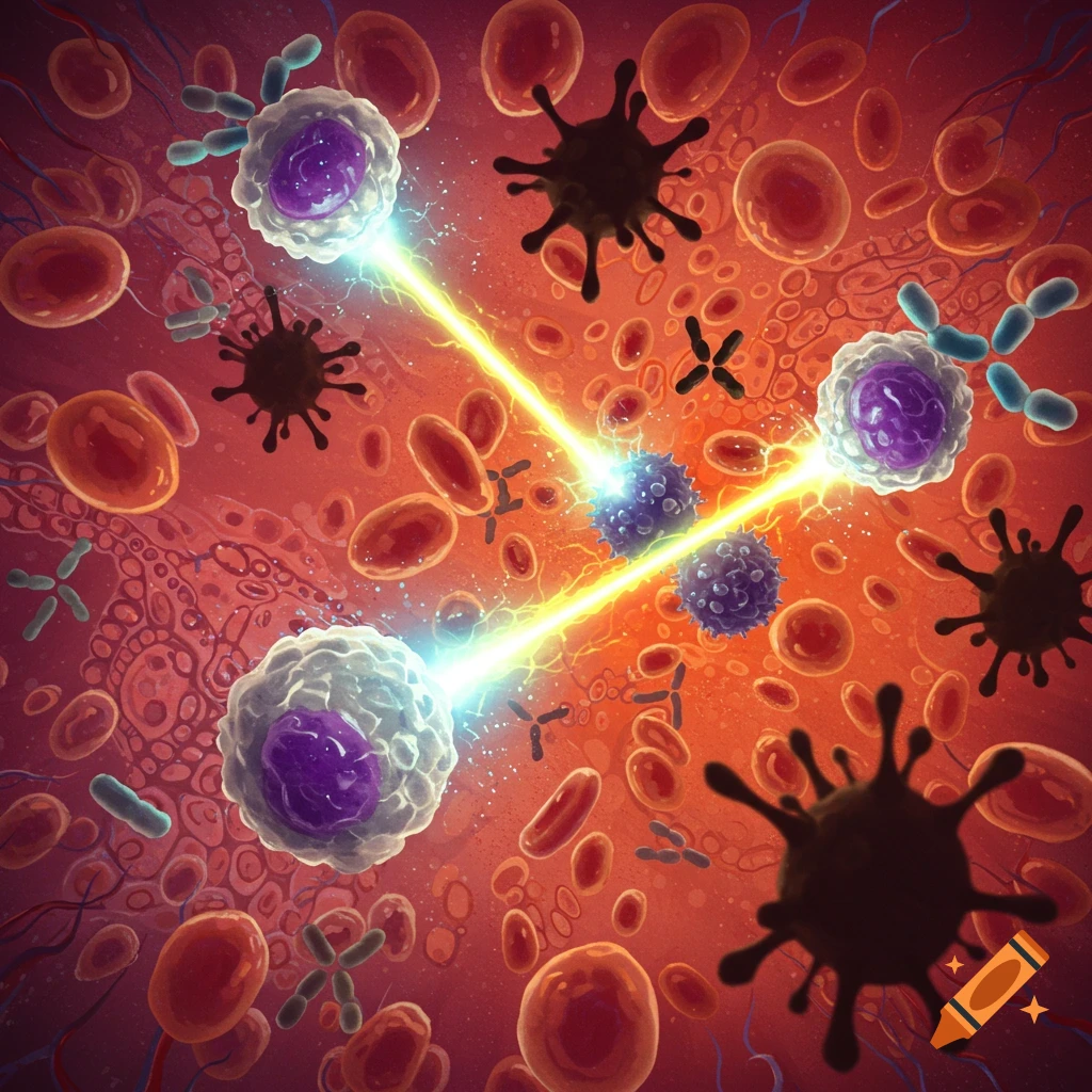 White blood cells attacking pathogens in blood
