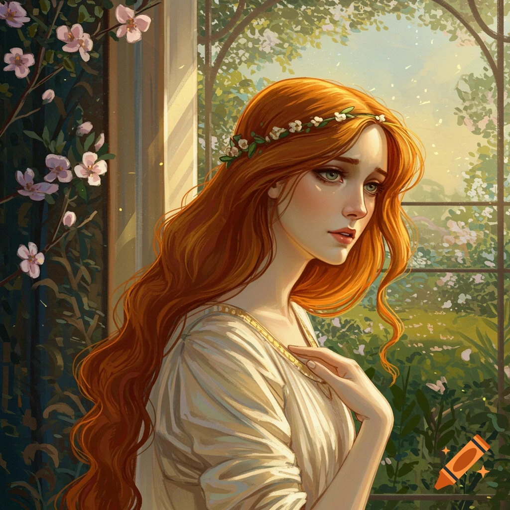 A woman with long red hair and a flower crown is looking out a window at a garden.