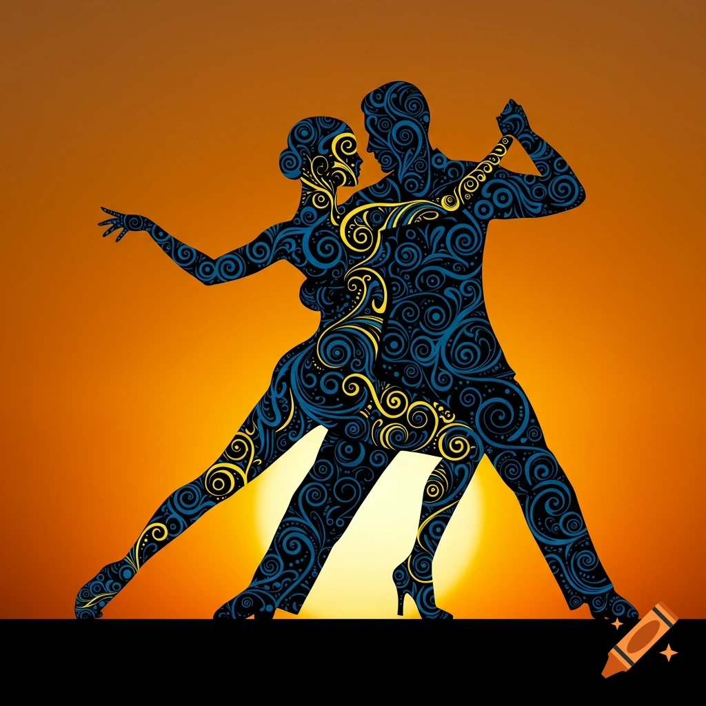 A silhouette of tango dancers filled with blue and yellow fileteado patterns against an orange sunset background.