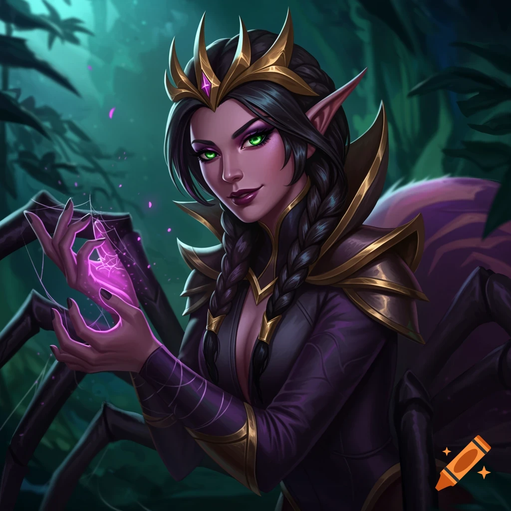 A fantasy woman with braids and a crown holds a glowing spider web in a dark forest.