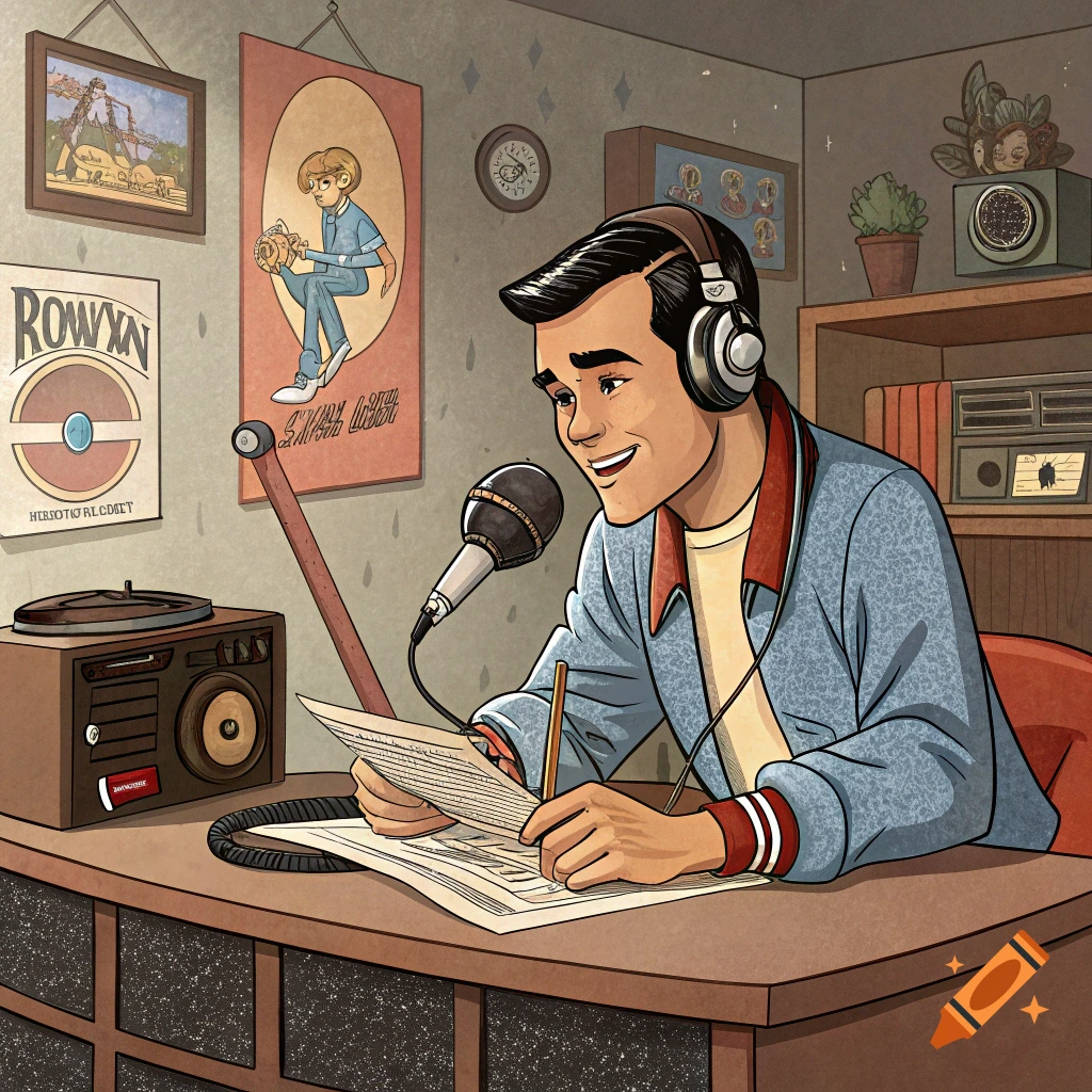 Cartoon image of a male disc jockey at a desk with a microphone, headphones, and record player in a retro style.
