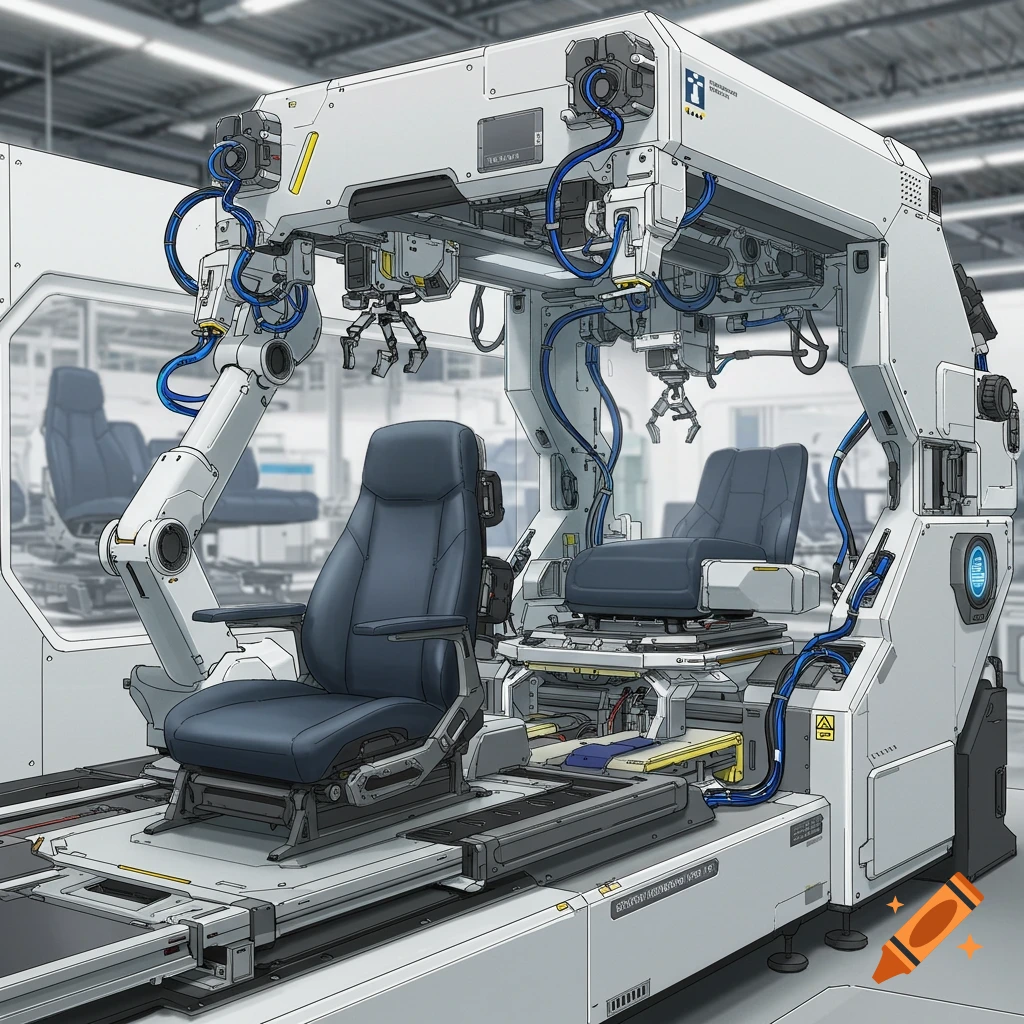 A detailed depiction of a large industrial machine with robotic arms assembling or working on blue seats.