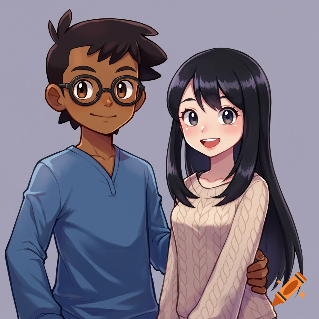 An anime-style illustration of a boy with glasses and a girl smiling, arm in arm.