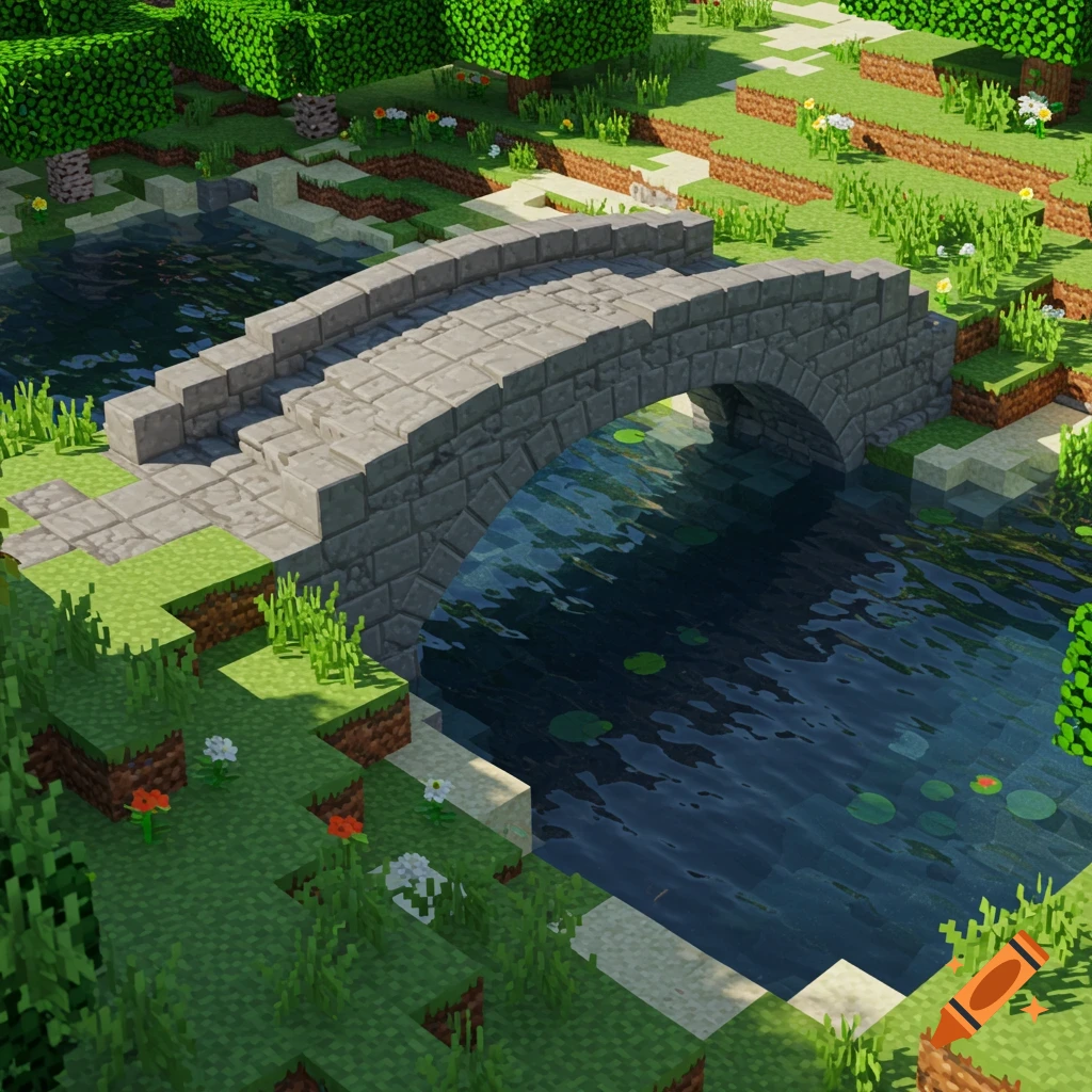 A blocky cobblestone bridge crosses a stream in a green landscape inspired by Minecraft.
