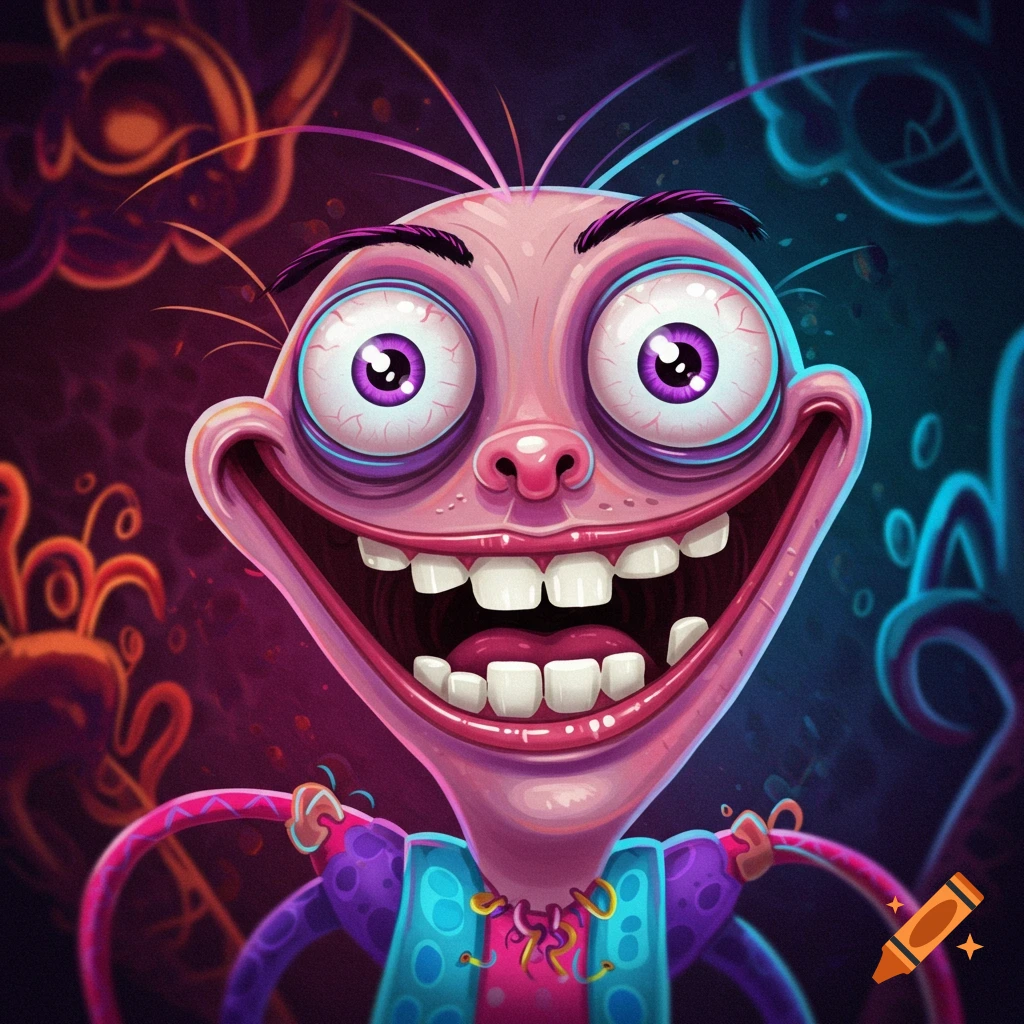 Close-up of a funny cartoon creature with wide eyes and a big smile