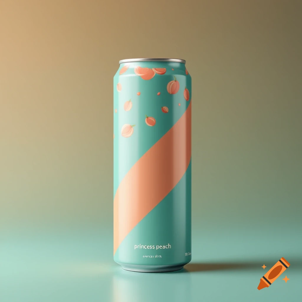 A teal energy drink can with a diagonal orange stripe and peach patterns on a teal surface.
