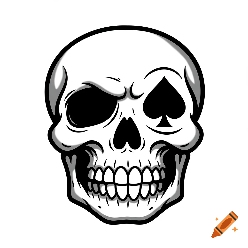 A black and white illustration of a skull with a spade symbol for one eye socket.