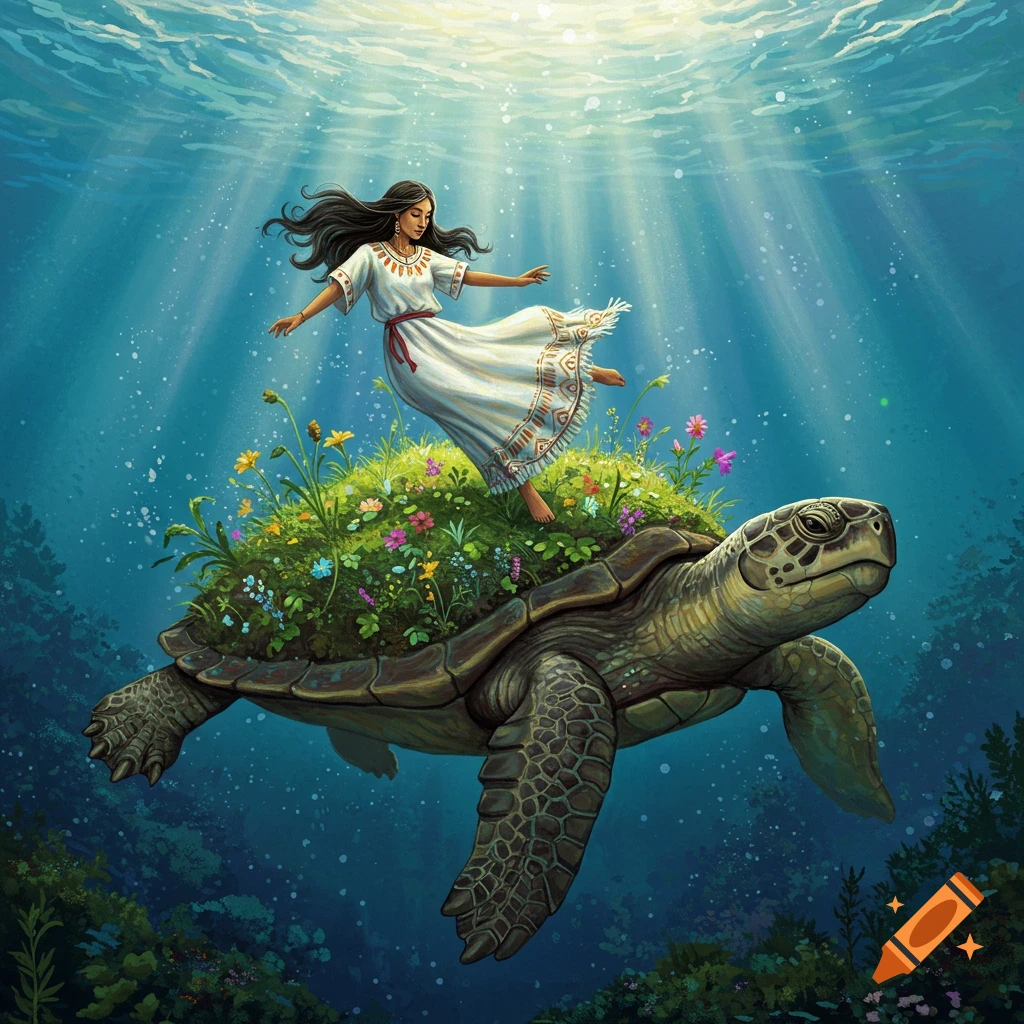 A woman stands on a flower-covered turtle underwater, with light rays streaming from above.